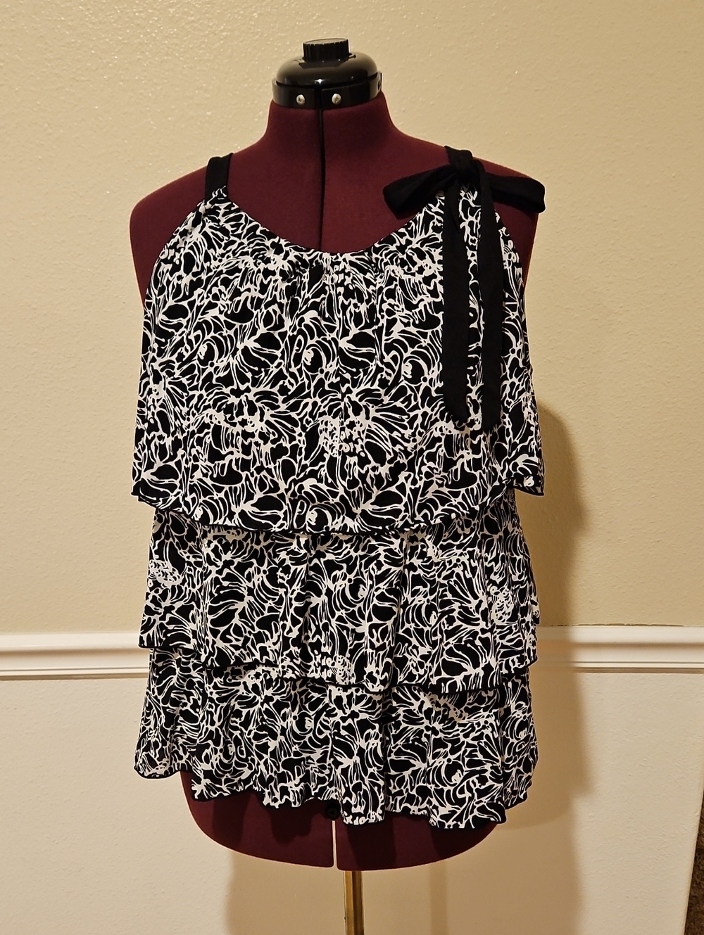 Style & Co. Black and White Floral Tiered Halter Camisole with Tie Shoulder